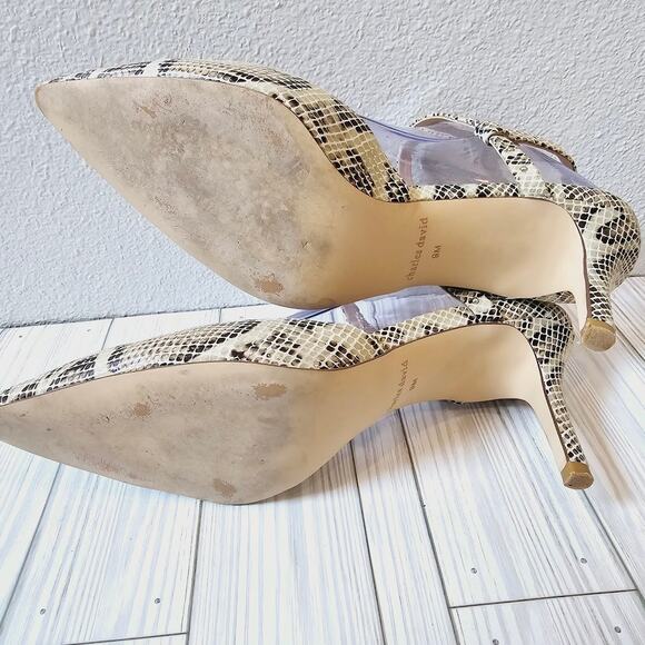 Charles David Womens Ankle Strap Pumps Beige Snakeskin Kitten Heel Buckle 9M - Picture 6 of 6